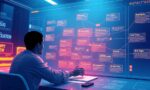 A dynamic illustration of a person planning a content strategy on a futuristic digital interface, with interconnected topic nodes and detailed briefs glowing around, in vibrant modern colors --ar 16:9