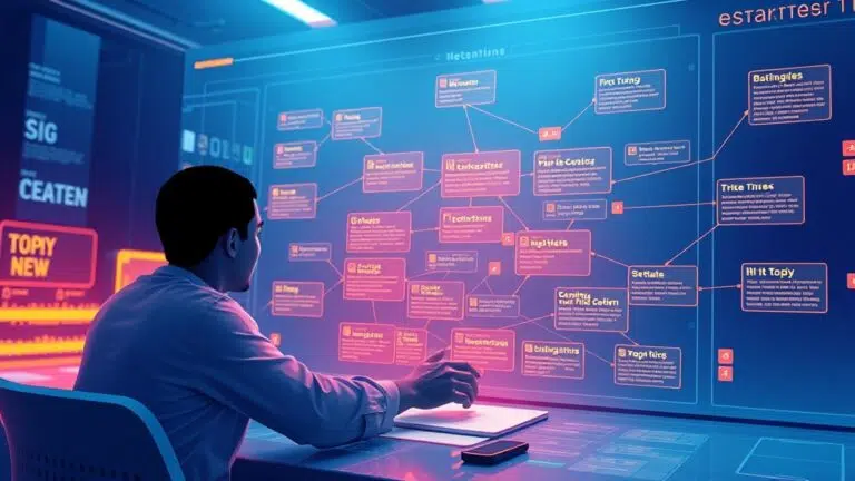 A dynamic illustration of a person planning a content strategy on a futuristic digital interface, with interconnected topic nodes and detailed briefs glowing around, in vibrant modern colors --ar 16:9