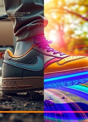 A dynamic illustration of a vibrant video interface showing a split screen with a dirty urban shoe transitioning smoothly into a clean yellow shoe in nature, with colorful animation lines representing motion and transformation --ar 16:9