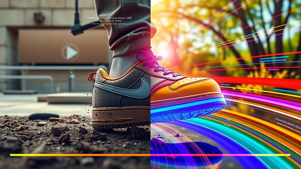 A dynamic illustration of a vibrant video interface showing a split screen with a dirty urban shoe transitioning smoothly into a clean yellow shoe in nature, with colorful animation lines representing motion and transformation --ar 16:9