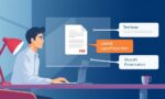 A dynamic illustration of a sleek digital workspace where a professional effortlessly uploads a PDF document for translation, with layout preservation elements like tables and text boxes highlighted vividly in colorful panels.
