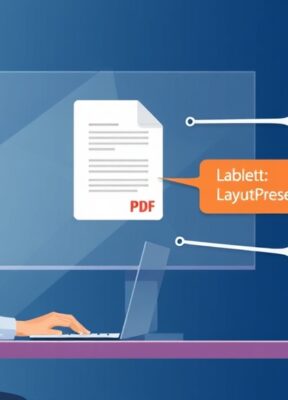 A dynamic illustration of a sleek digital workspace where a professional effortlessly uploads a PDF document for translation, with layout preservation elements like tables and text boxes highlighted vividly in colorful panels.