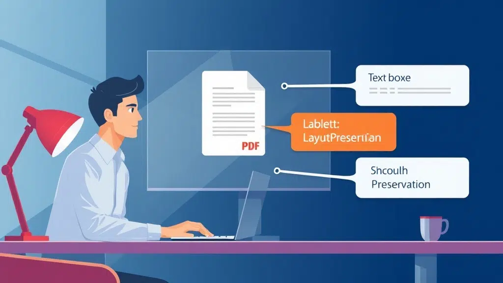 A dynamic illustration of a sleek digital workspace where a professional effortlessly uploads a PDF document for translation, with layout preservation elements like tables and text boxes highlighted vividly in colorful panels.