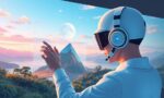 A dynamic illustration of a user effortlessly editing images with a futuristic AI interface, integrating new objects into scenic backgrounds with smooth lighting and shadow adjustments --ar 16:9