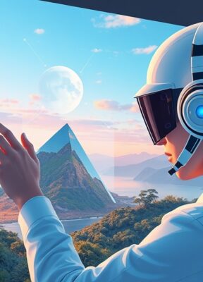 A dynamic illustration of a user effortlessly editing images with a futuristic AI interface, integrating new objects into scenic backgrounds with smooth lighting and shadow adjustments --ar 16:9