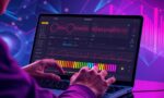 A dynamic illustration of a person interacting with a futuristic audio editing interface on a laptop, adjusting voice parameters like age, gender, and accent, shown with colorful sliders and waveforms --ar 16:9