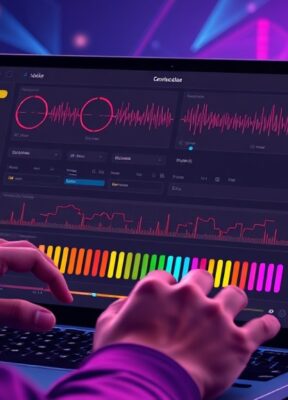 A dynamic illustration of a person interacting with a futuristic audio editing interface on a laptop, adjusting voice parameters like age, gender, and accent, shown with colorful sliders and waveforms --ar 16:9