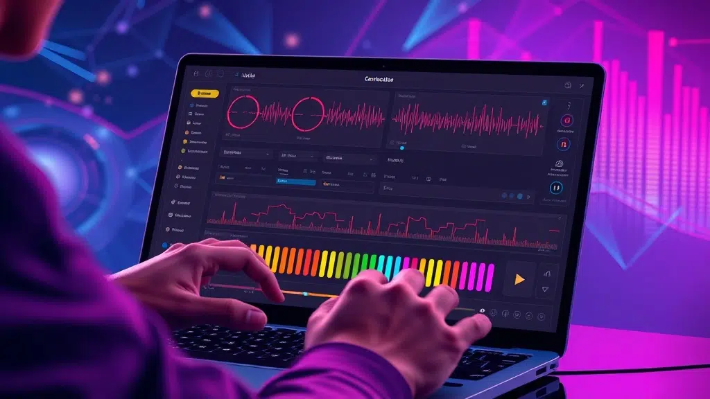 A dynamic illustration of a person interacting with a futuristic audio editing interface on a laptop, adjusting voice parameters like age, gender, and accent, shown with colorful sliders and waveforms --ar 16:9