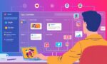 A dynamic illustration of a user managing a colorful dashboard displaying automated social media posts scheduled across multiple platforms, with icons representing text, images, and videos connected in a seamless workflow --ar 16:9
