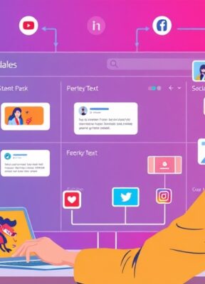 A dynamic illustration of a user managing a colorful dashboard displaying automated social media posts scheduled across multiple platforms, with icons representing text, images, and videos connected in a seamless workflow --ar 16:9
