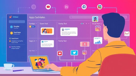 A dynamic illustration of a user managing a colorful dashboard displaying automated social media posts scheduled across multiple platforms, with icons representing text, images, and videos connected in a seamless workflow --ar 16:9