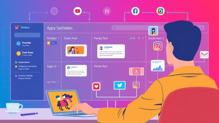A dynamic illustration of a user managing a colorful dashboard displaying automated social media posts scheduled across multiple platforms, with icons representing text, images, and videos connected in a seamless workflow --ar 16:9