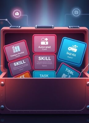 A dynamic illustration of a digital toolbox opening with various labeled skill kits inside, each representing a different automated task, with glowing connections linking to a user interface showing streamlined workflow management --ar 16:9