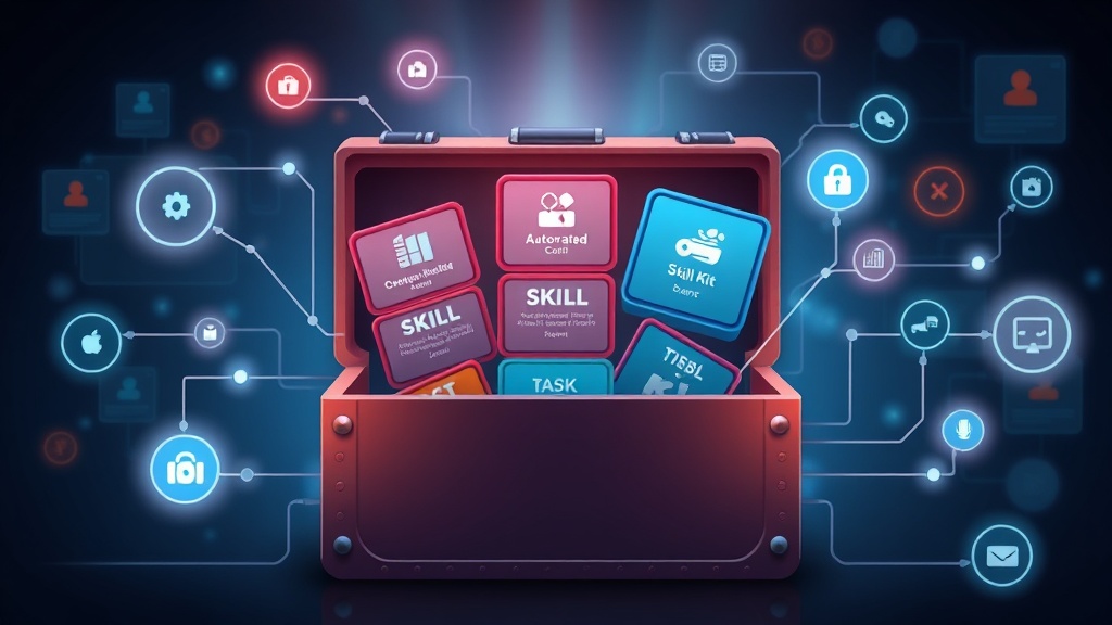 A dynamic illustration of a digital toolbox opening with various labeled skill kits inside, each representing a different automated task, with glowing connections linking to a user interface showing streamlined workflow management --ar 16:9