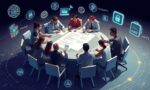 A dynamic illustration of a diverse team collaborating around a digital roundtable, creating and discussing a clear AI guideline document, surrounded by futuristic icons representing transparency, fairness, data privacy, and teamwork --ar 16:9