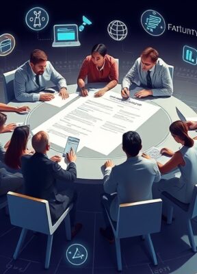 A dynamic illustration of a diverse team collaborating around a digital roundtable, creating and discussing a clear AI guideline document, surrounded by futuristic icons representing transparency, fairness, data privacy, and teamwork --ar 16:9