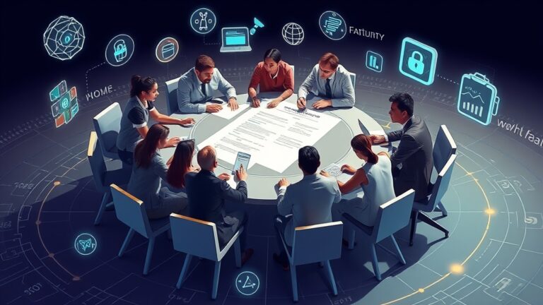 A dynamic illustration of a diverse team collaborating around a digital roundtable, creating and discussing a clear AI guideline document, surrounded by futuristic icons representing transparency, fairness, data privacy, and teamwork --ar 16:9
