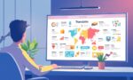 A dynamic illustration of a modern digital workspace showing a user effortlessly translating a colorful social media infographic into multiple languages while preserving its vibrant design and layout --ar 16:9