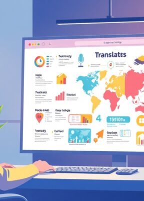 A dynamic illustration of a modern digital workspace showing a user effortlessly translating a colorful social media infographic into multiple languages while preserving its vibrant design and layout --ar 16:9