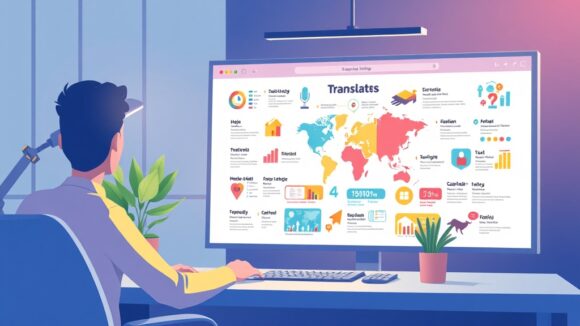 A dynamic illustration of a modern digital workspace showing a user effortlessly translating a colorful social media infographic into multiple languages while preserving its vibrant design and layout --ar 16:9