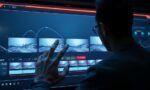 A dynamic illustration of a user interacting with a futuristic video editing interface showing start and end frames on a timeline with smooth camera path visualizations --ar 16:9