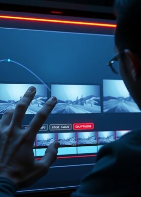A dynamic illustration of a user interacting with a futuristic video editing interface showing start and end frames on a timeline with smooth camera path visualizations --ar 16:9