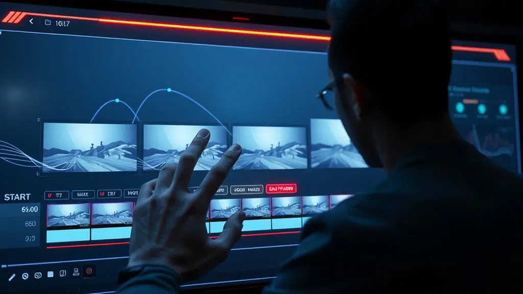 A dynamic illustration of a user interacting with a futuristic video editing interface showing start and end frames on a timeline with smooth camera path visualizations --ar 16:9