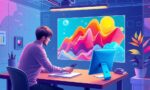 A dynamic illustration of a digital workspace showing a user interacting with an AI-powered image generator, featuring vibrant layered elements such as a man, table, and transparent backgrounds, highlighting the process of creating motion graphics.