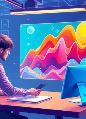 A dynamic illustration of a digital workspace showing a user interacting with an AI-powered image generator, featuring vibrant layered elements such as a man, table, and transparent backgrounds, highlighting the process of creating motion graphics.