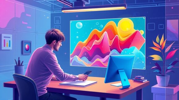 A dynamic illustration of a digital workspace showing a user interacting with an AI-powered image generator, featuring vibrant layered elements such as a man, table, and transparent backgrounds, highlighting the process of creating motion graphics.