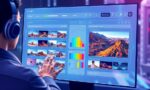 A dynamic illustration of a user interacting with a futuristic AI dashboard, comparing multiple image and video generation models side-by-side, with colorful sample outputs displayed on a sleek screen --ar 16:9
