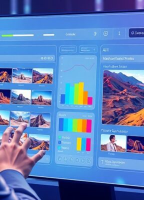 A dynamic illustration of a user interacting with a futuristic AI dashboard, comparing multiple image and video generation models side-by-side, with colorful sample outputs displayed on a sleek screen --ar 16:9