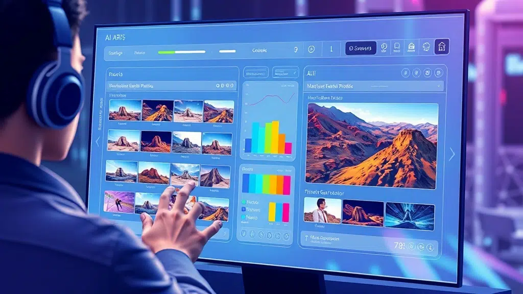 A dynamic illustration of a user interacting with a futuristic AI dashboard, comparing multiple image and video generation models side-by-side, with colorful sample outputs displayed on a sleek screen --ar 16:9