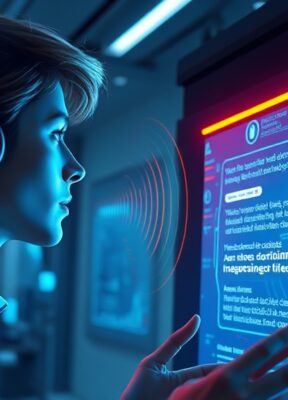 A dynamic illustration of a user interacting with a futuristic voice-controlled AI interface, showing voice waves and glowing response text in a modern digital environment --ar 16:9
