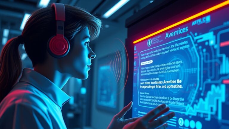 A dynamic illustration of a user interacting with a futuristic voice-controlled AI interface, showing voice waves and glowing response text in a modern digital environment --ar 16:9