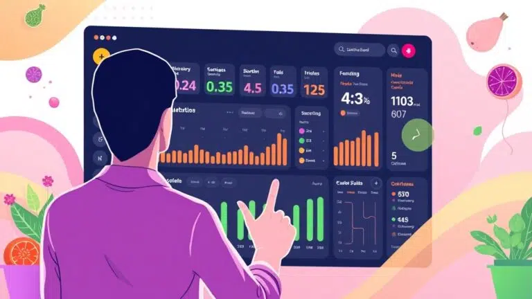 A dynamic illustration of a person interacting with a modern, colorful interface showing a digital nutrition coach dashboard that tracks and analyzes daily meals and exercises --ar 16:9