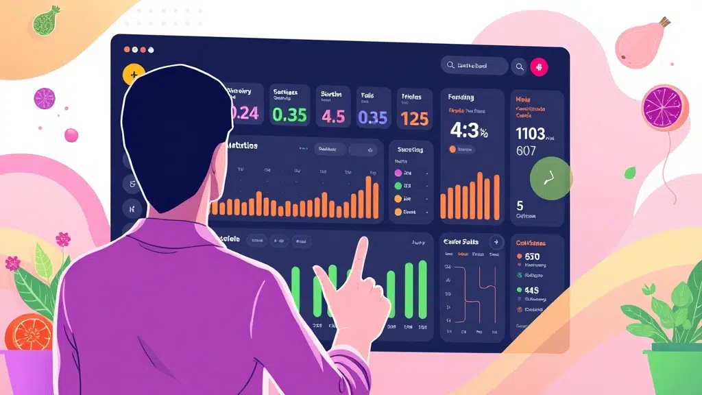 A dynamic illustration of a person interacting with a modern, colorful interface showing a digital nutrition coach dashboard that tracks and analyzes daily meals and exercises --ar 16:9