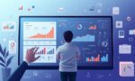A dynamic illustration of a user interacting with a sleek digital canvas displaying a multi-layered infographic creation process, surrounded by floating charts and organized data blocks --ar 16:9