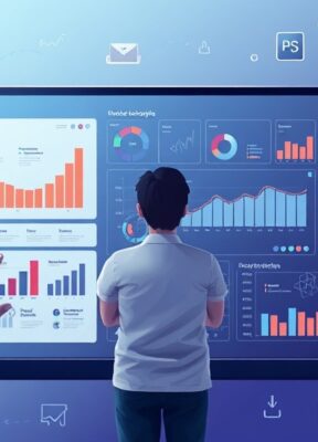 A dynamic illustration of a user interacting with a sleek digital canvas displaying a multi-layered infographic creation process, surrounded by floating charts and organized data blocks --ar 16:9