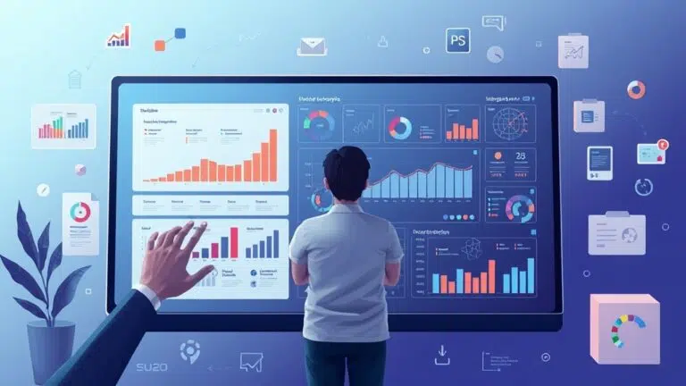 A dynamic illustration of a user interacting with a sleek digital canvas displaying a multi-layered infographic creation process, surrounded by floating charts and organized data blocks --ar 16:9