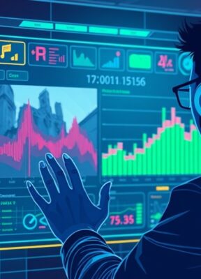 A dynamic illustration of a user interacting with a futuristic interface analyzing video content, with vibrant icons representing audio and visual data being processed simultaneously --ar 16:9