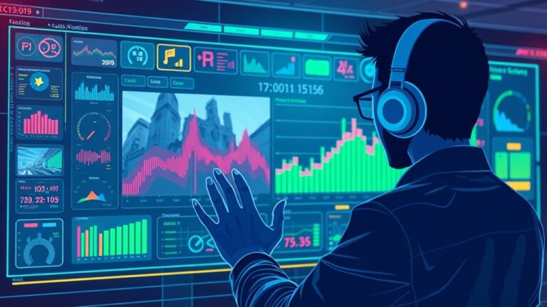 A dynamic illustration of a user interacting with a futuristic interface analyzing video content, with vibrant icons representing audio and visual data being processed simultaneously --ar 16:9