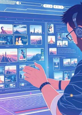 A dynamic illustration of a user creatively building a multimedia workflow on a futuristic digital interface, combining images, videos, and texts seamlessly --ar 16:9