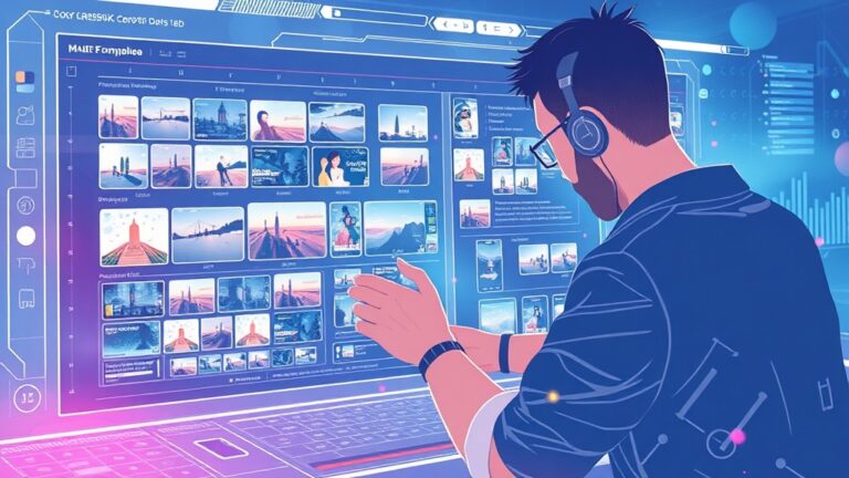 A dynamic illustration of a user creatively building a multimedia workflow on a futuristic digital interface, combining images, videos, and texts seamlessly --ar 16:9