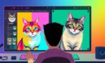 A dynamic illustration of a designer using an AI-powered tool to transform a colorful cat image into various artistic styles, shown side-by-side on a digital workspace with vibrant buttons and menus --ar 16:9