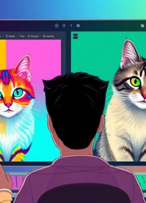 A dynamic illustration of a designer using an AI-powered tool to transform a colorful cat image into various artistic styles, shown side-by-side on a digital workspace with vibrant buttons and menus --ar 16:9