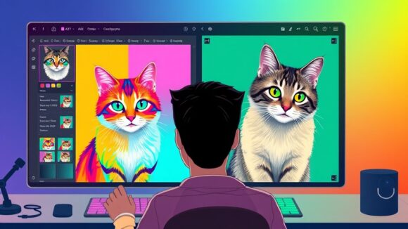 A dynamic illustration of a designer using an AI-powered tool to transform a colorful cat image into various artistic styles, shown side-by-side on a digital workspace with vibrant buttons and menus --ar 16:9