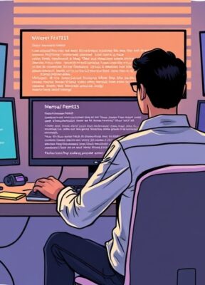 A dynamic illustration of a person sitting at a desk analyzing different AI-generated texts on multiple screens, symbolizing the process of refining prompts with focused attention --ar 16:9