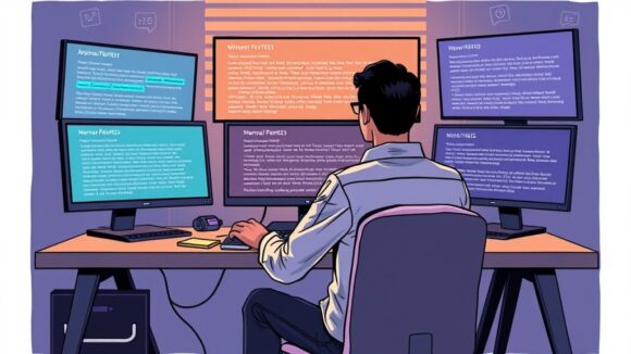 A dynamic illustration of a person sitting at a desk analyzing different AI-generated texts on multiple screens, symbolizing the process of refining prompts with focused attention --ar 16:9
