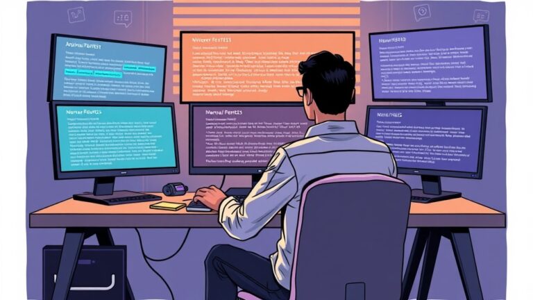 A dynamic illustration of a person sitting at a desk analyzing different AI-generated texts on multiple screens, symbolizing the process of refining prompts with focused attention --ar 16:9